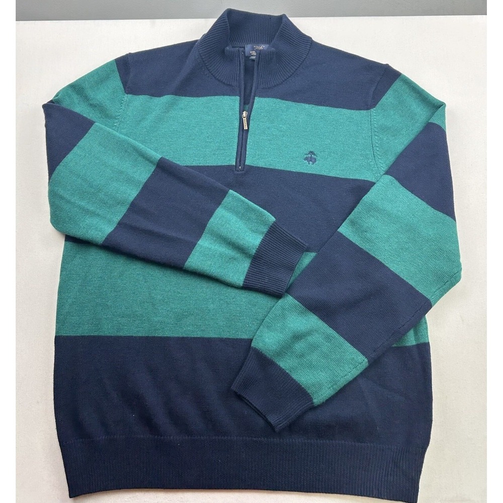 Brooks Brothers 346 Mens Large Merino Wool Quarter Zip Sweater Blue Green Stripe